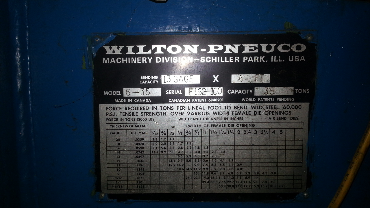 (1) PREOWNED PNEUCO AIR PRESS BRAKE, MODEL #: 6-35, S/N: F162100